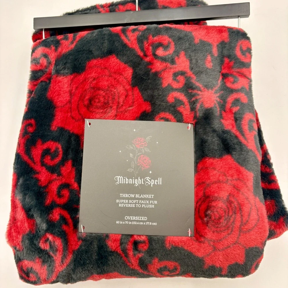 Midnight Spell Red Rose Black Faux Fur Plush Oversized Halloween Throw Blanket